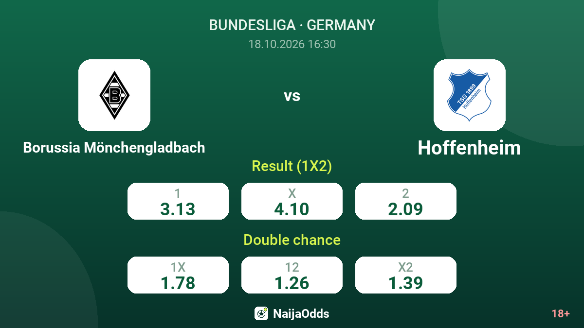 Borussia Mönchengladbach vs Hoffenheim — odds